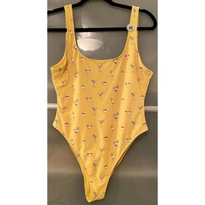NWT Forever 21 1pc Swimsuit Mustard Yellow W/ Colorful Cocktails HYF Size Medium